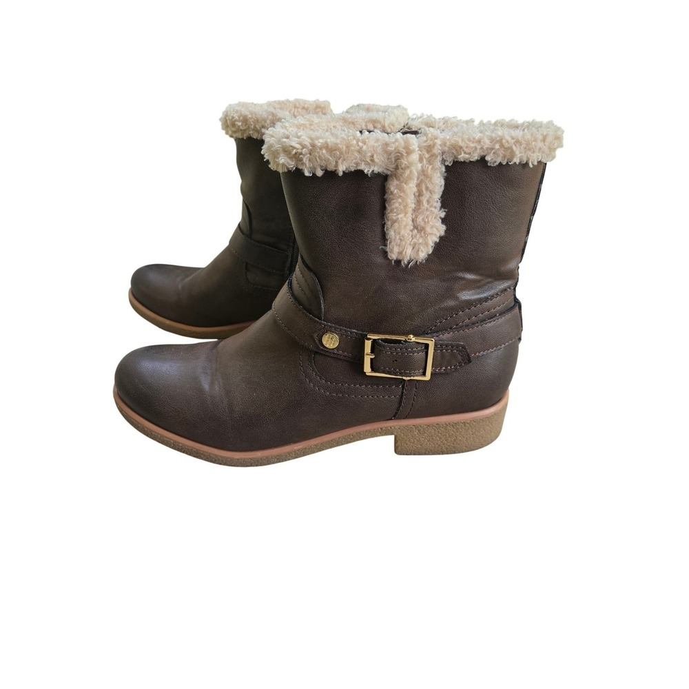 Tommy Hilfiger Brown Faux Leather Faux Shearling Ankle Boots Size 9.5M Buckle